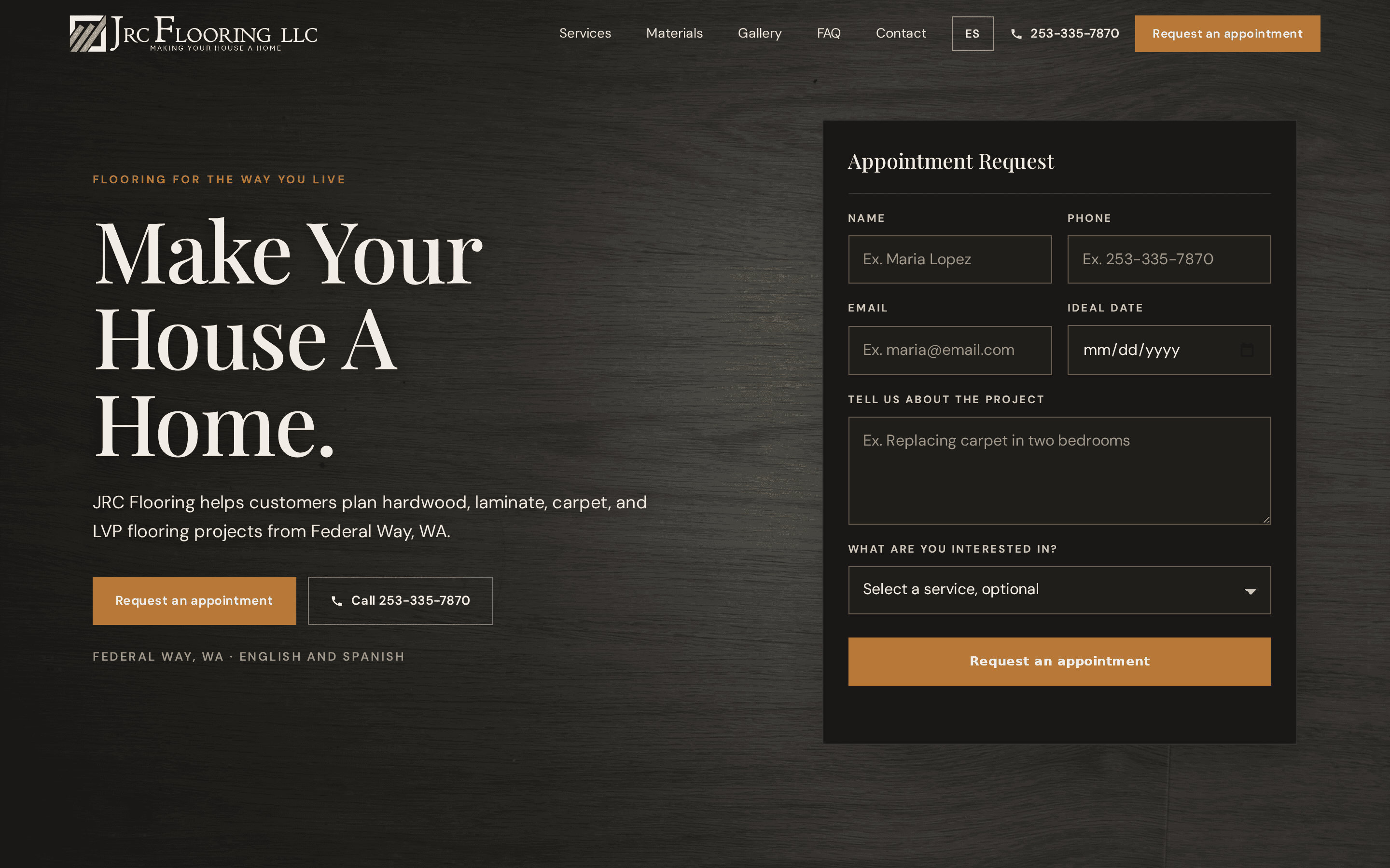 JRC Flooring live homepage reading Make Your House a Home with an appointment request form