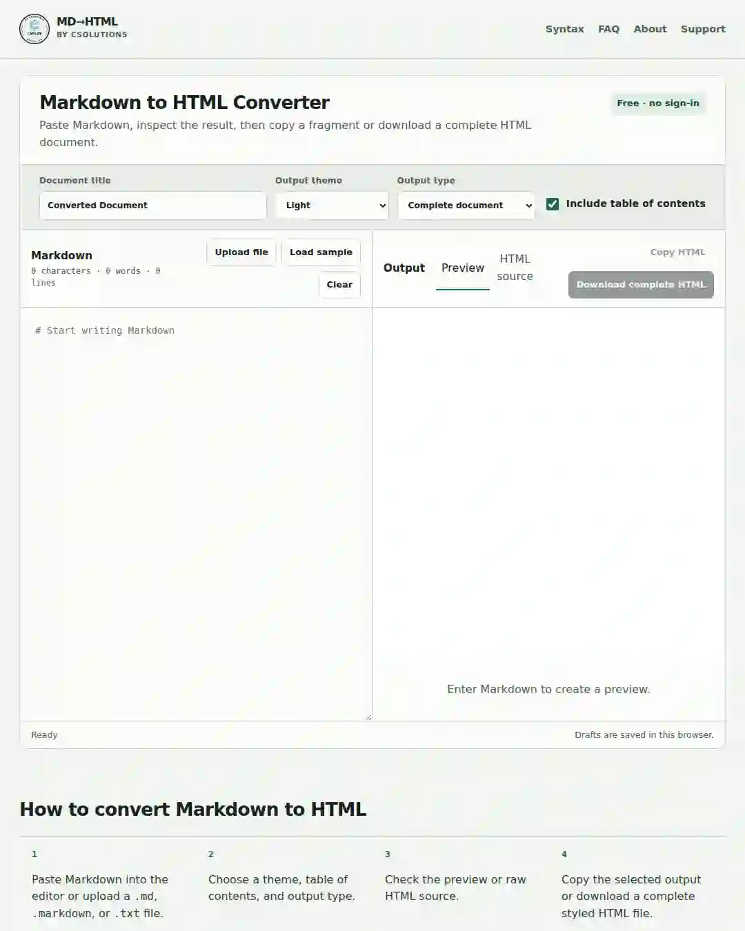 Markdown To HTML Converter overview: title, theme, and output-type controls above a split Markdown editor and preview pane
