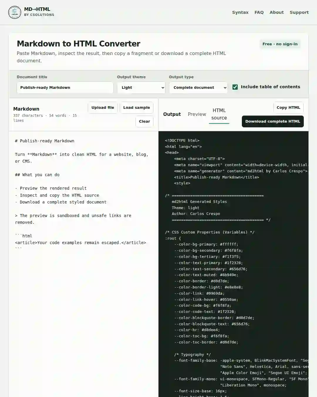 Raw generated HTML source view, including the embedded theme styles, ready to copy or download