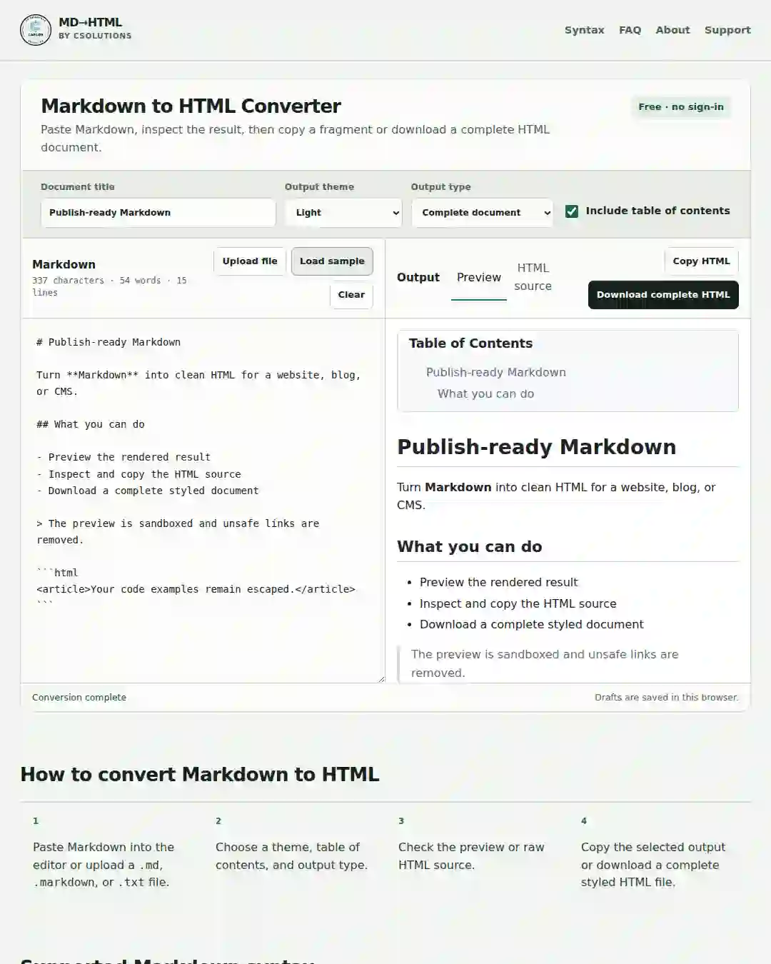 Live preview of converted Markdown, showing a generated table of contents and styled headings