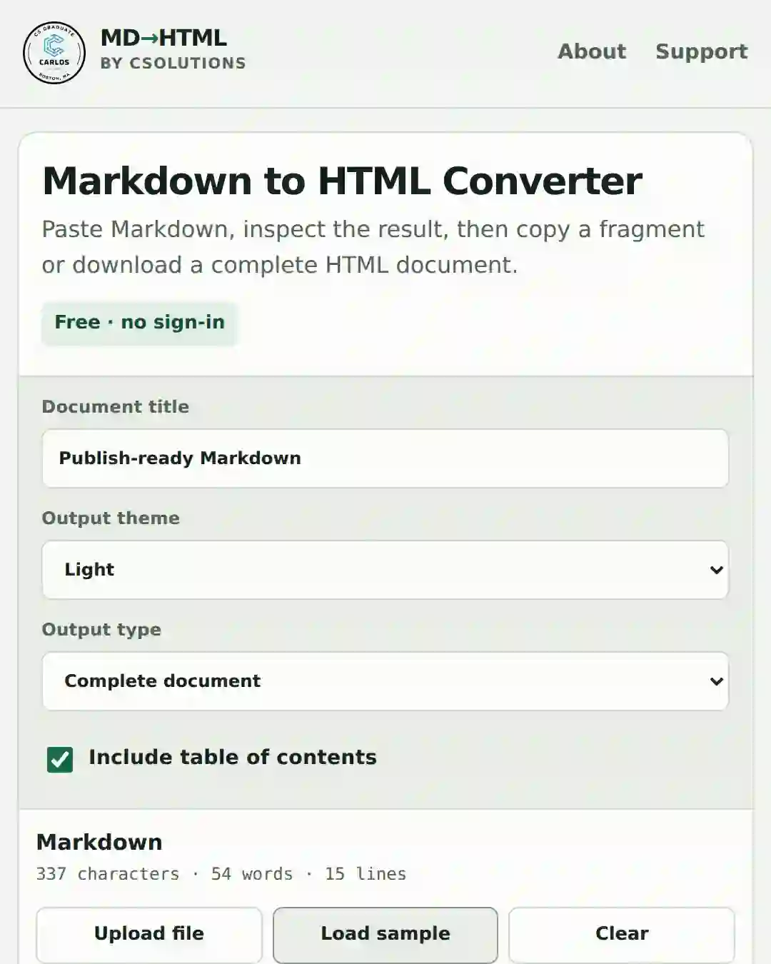 The converter's controls and Markdown input laid out on a mobile screen