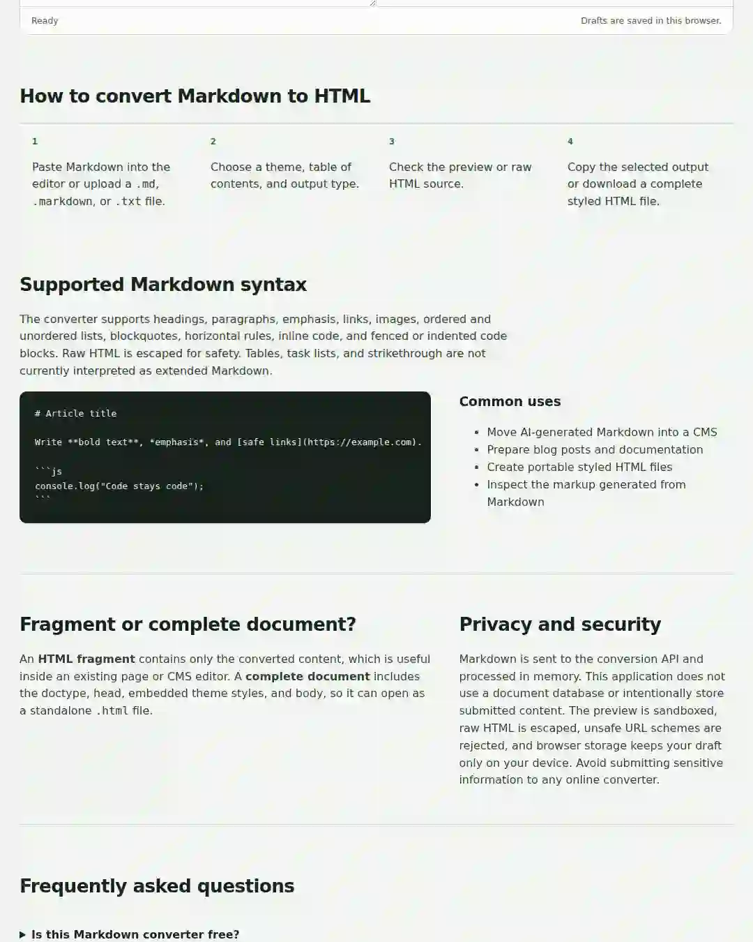 Supported Markdown syntax, common uses, and the converter's privacy and security notes
